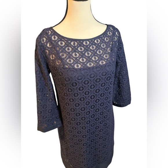 Laundry By Shelli Segal Navy Lace 3/4 Sleeve Dress - Picture 4 of 8
